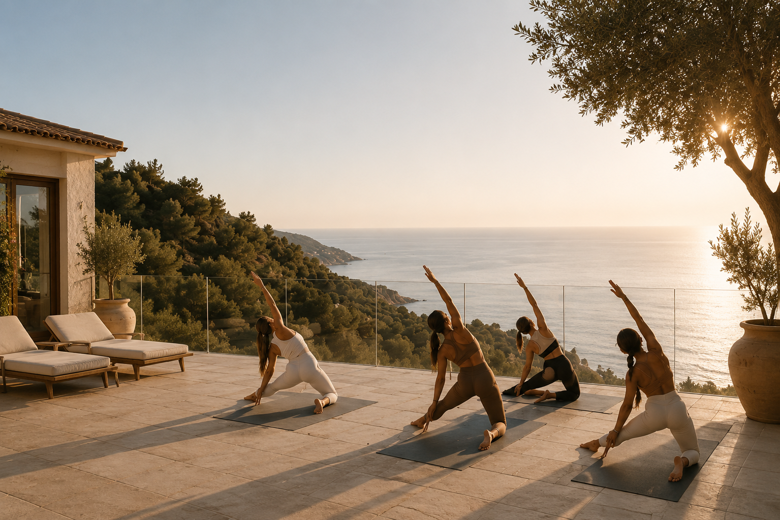 Four women practicing yoga on a terrace overlooking the ocean at sunset.