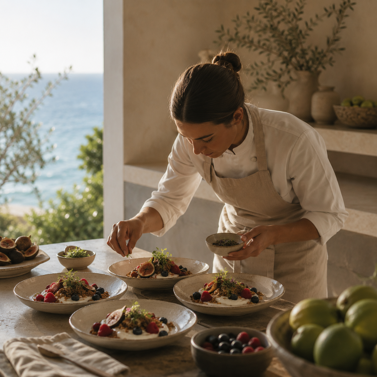 A female chef in a white uniform and apron garnishes plates of yogurt with fresh berries and herbs in a bright kitchen with a view of the ocean outside.