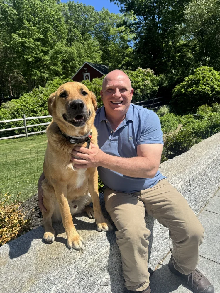 A man sitting on a stone bench outdoors next to a happy dog with a golden coat and black collar, surrounded by green trees and bushes on a sunny day.