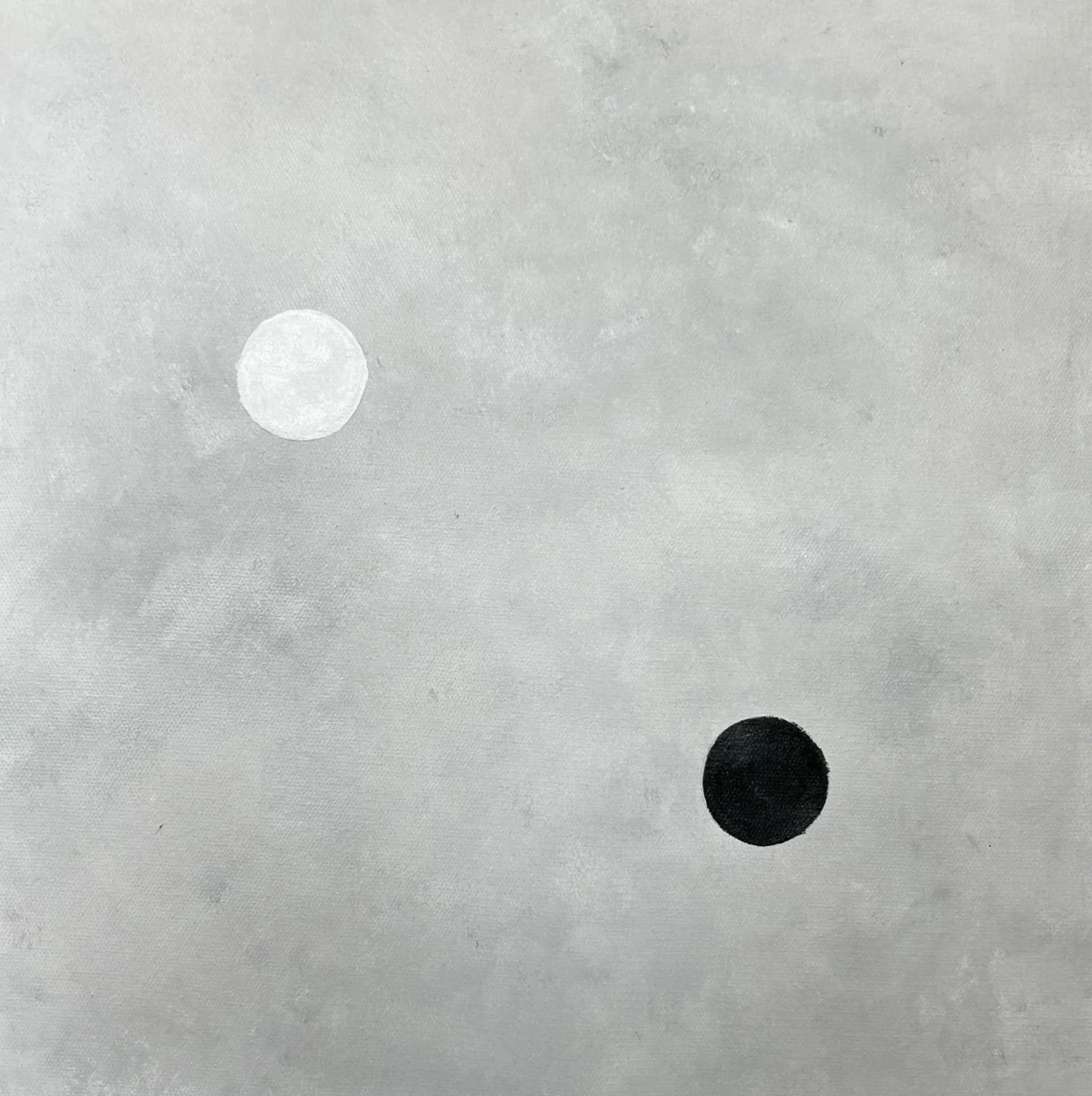 Top-down view of a white circular object and a black circular object on a textured light gray surface.