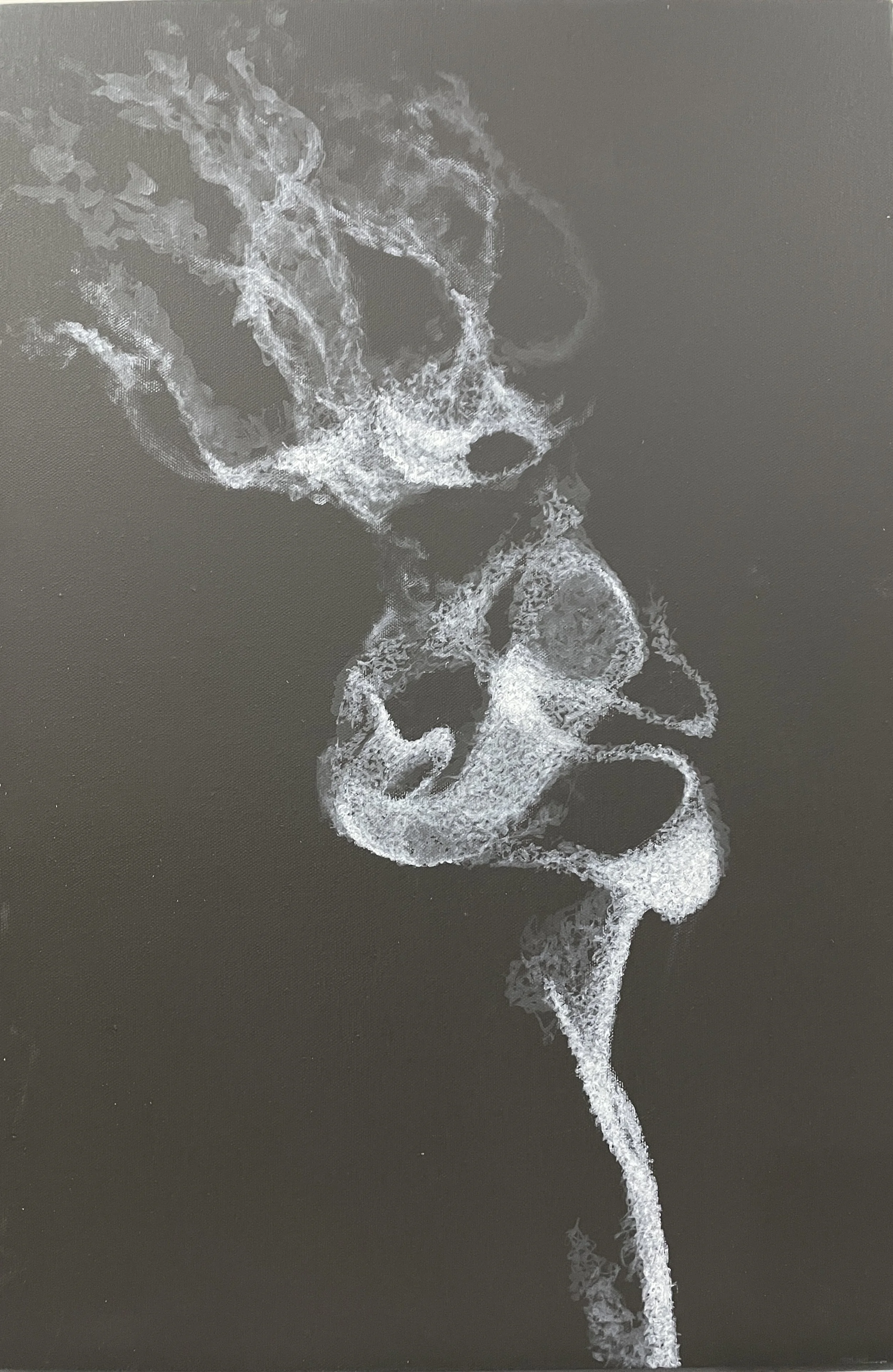 Foamy white water trail on a black surface, resembling a stylized skeletal or abstract figure.