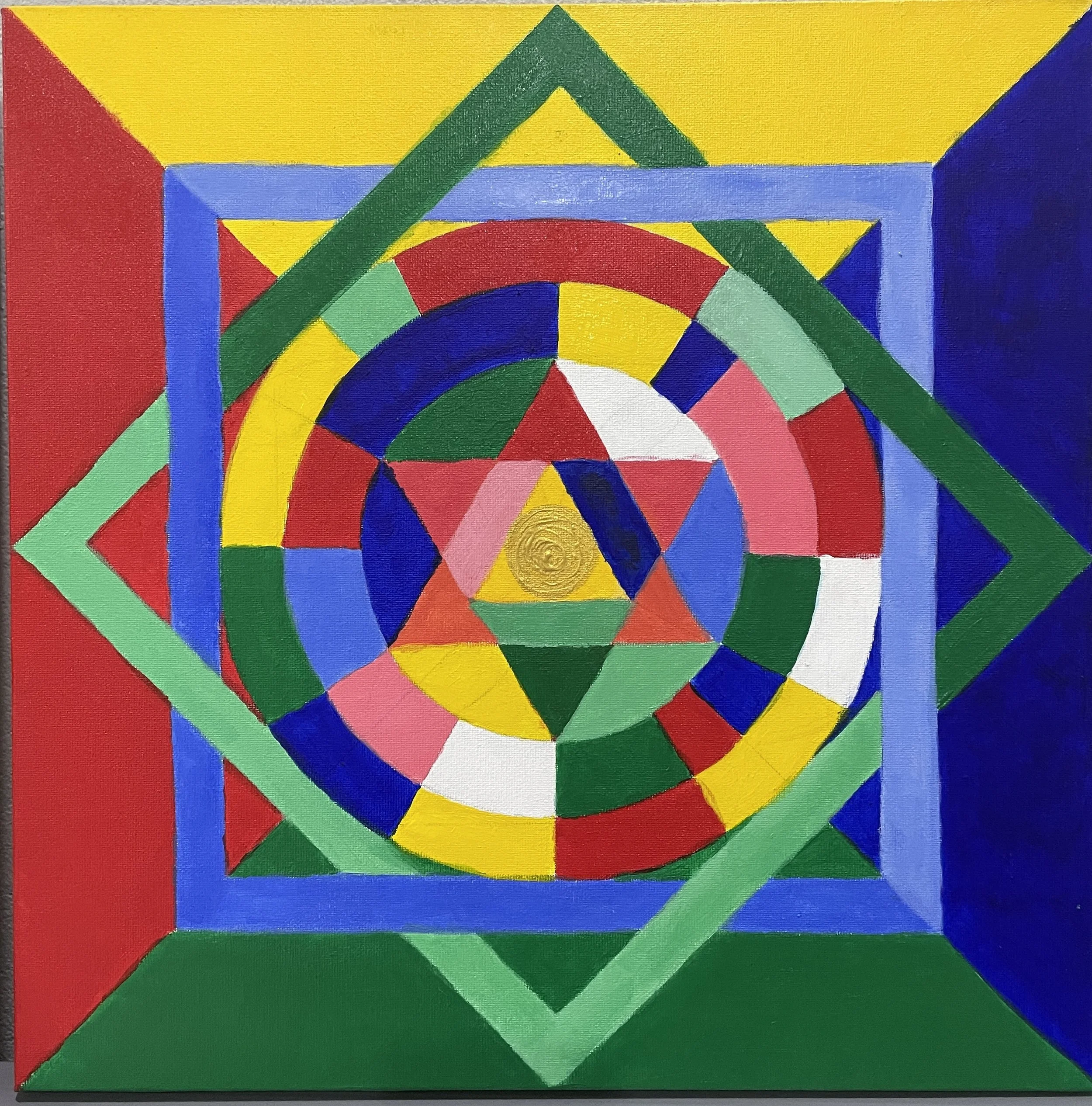 Colorful geometric abstract painting with various shapes including rectangles, triangles, and circles in red, yellow, green, blue, white, and black, creating a vibrant pattern.