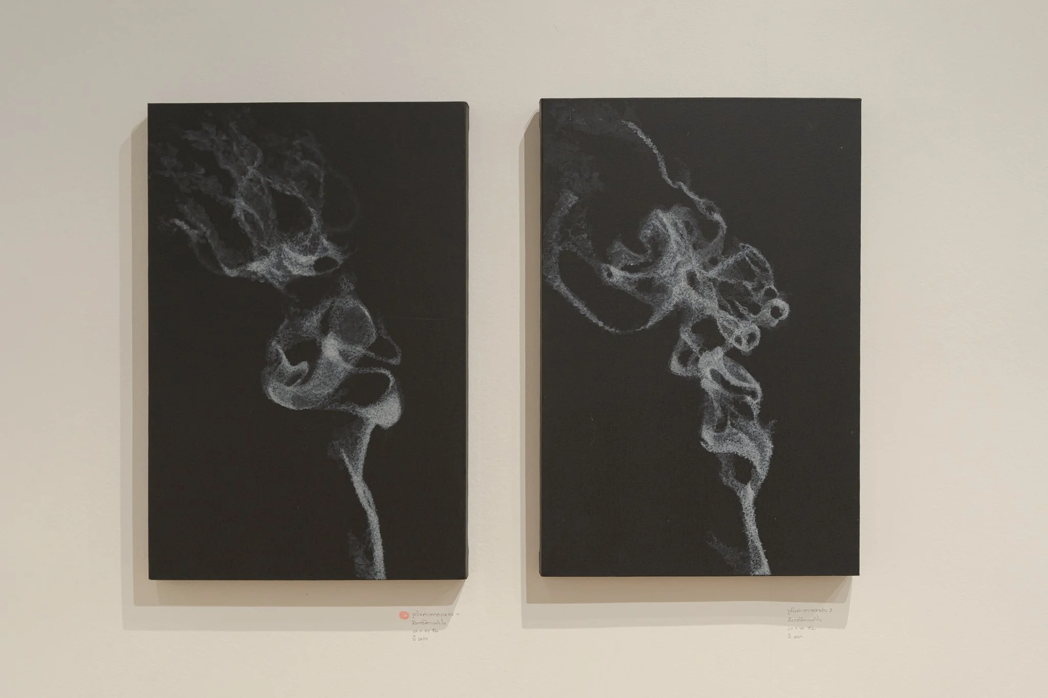 (ซ้าย) รูปไม่ต่างจากความว่าง 4 (Form Is Not Different from Emptiness 4), 2024, สีอะคริลิกบนผ้าใบ, 60 × 40 cm; (ขวา) รูปไม่ต่างจากความว่าง 3 (Form Is Not Different from Emptiness 3), 2024, สีอะคริลิกบนผ้าใบ, 60 × 40 cm