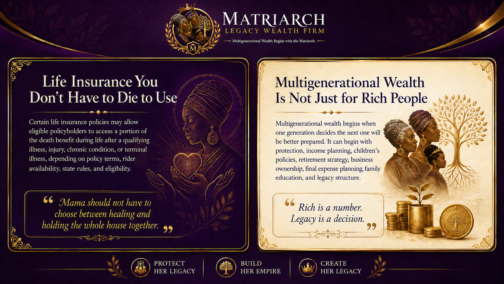 Living Benefits and multigenerational wealth graphic for Matriarch Legacy Wealth Firm featuring Black family legacy planning, life insurance education, and purple and gold luxury branding
