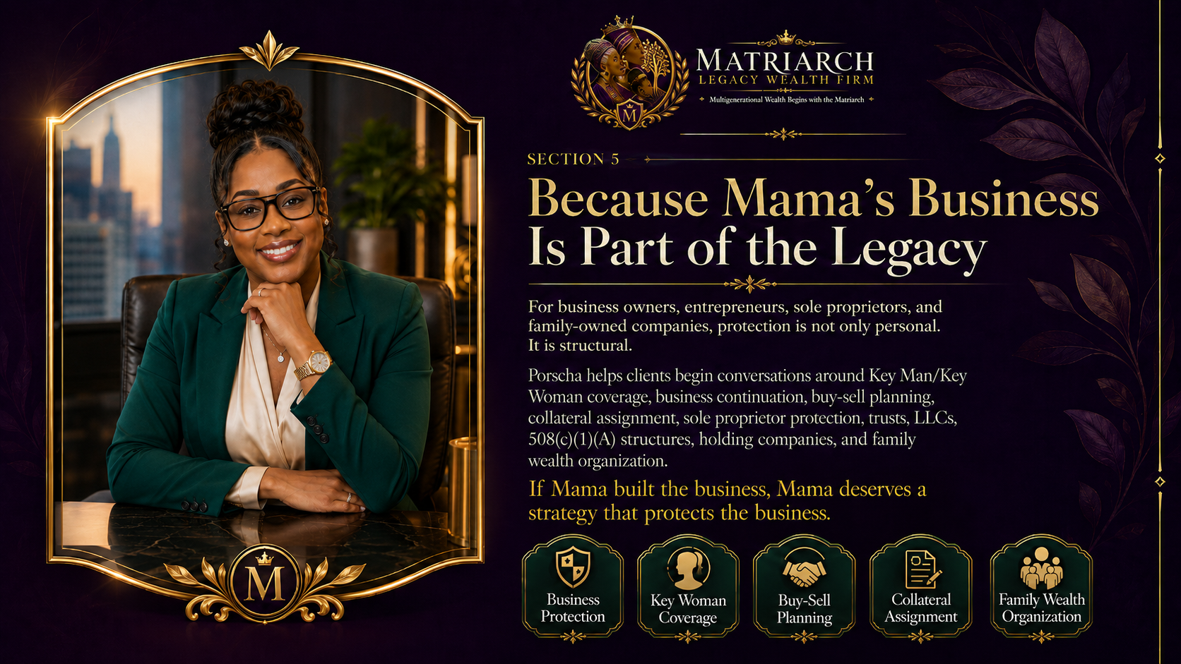 Business legacy planning graphic for Matriarch Legacy Wealth Firm featuring Porscha F. Reid in a green blazer with luxury purple and gold branding