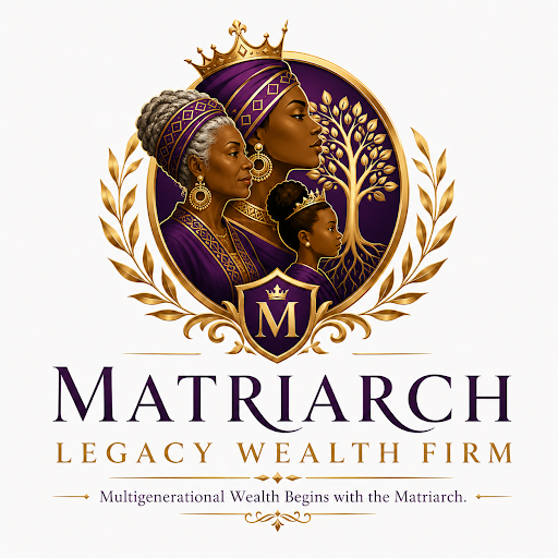Matriarch Legacy Wealth Firm logo featuring a mother, daughter, child, crown, gold tree, and purple legacy branding