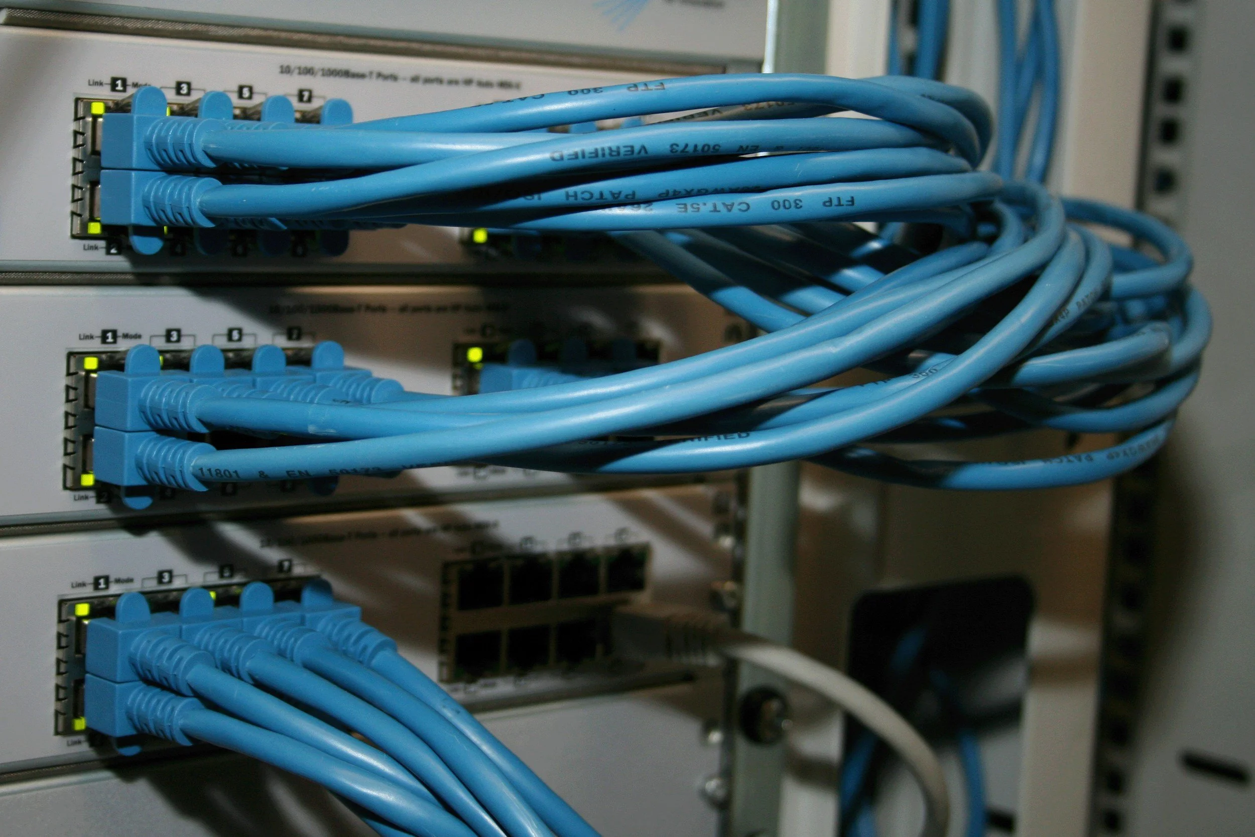 Blue Ethernet cables connected to network switches or patch panels in a server room.