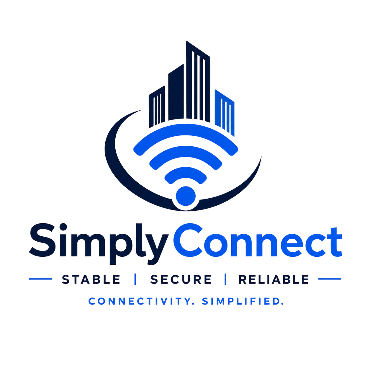Logo for SimplyConnect featuring a stylized city skyline above a Wi-Fi signal, with the tagline 'Stable | Secure | Reliable' and the slogan 'Connectivity. Simplified.' in blue and black colors.