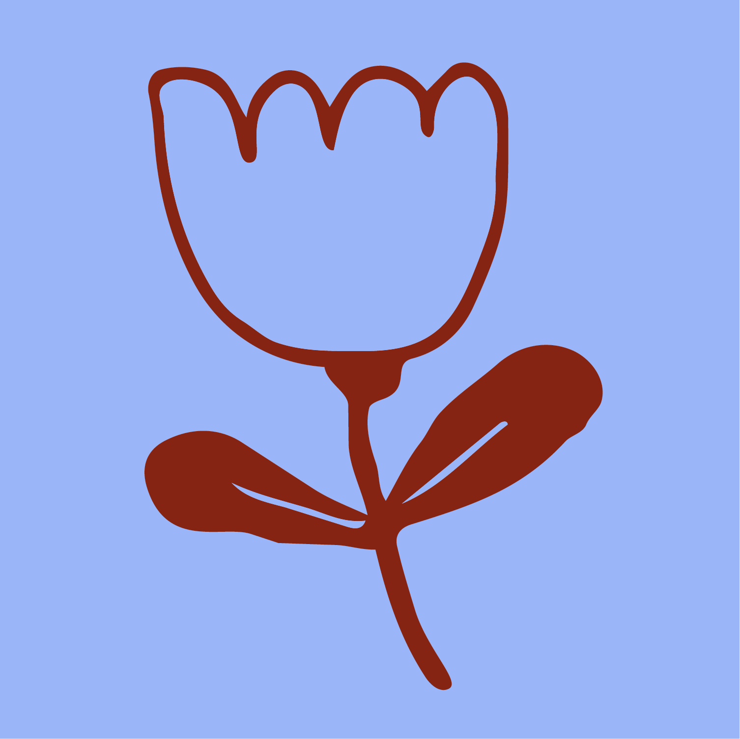 A simple drawing of a flower with a brown outline against a light blue background.