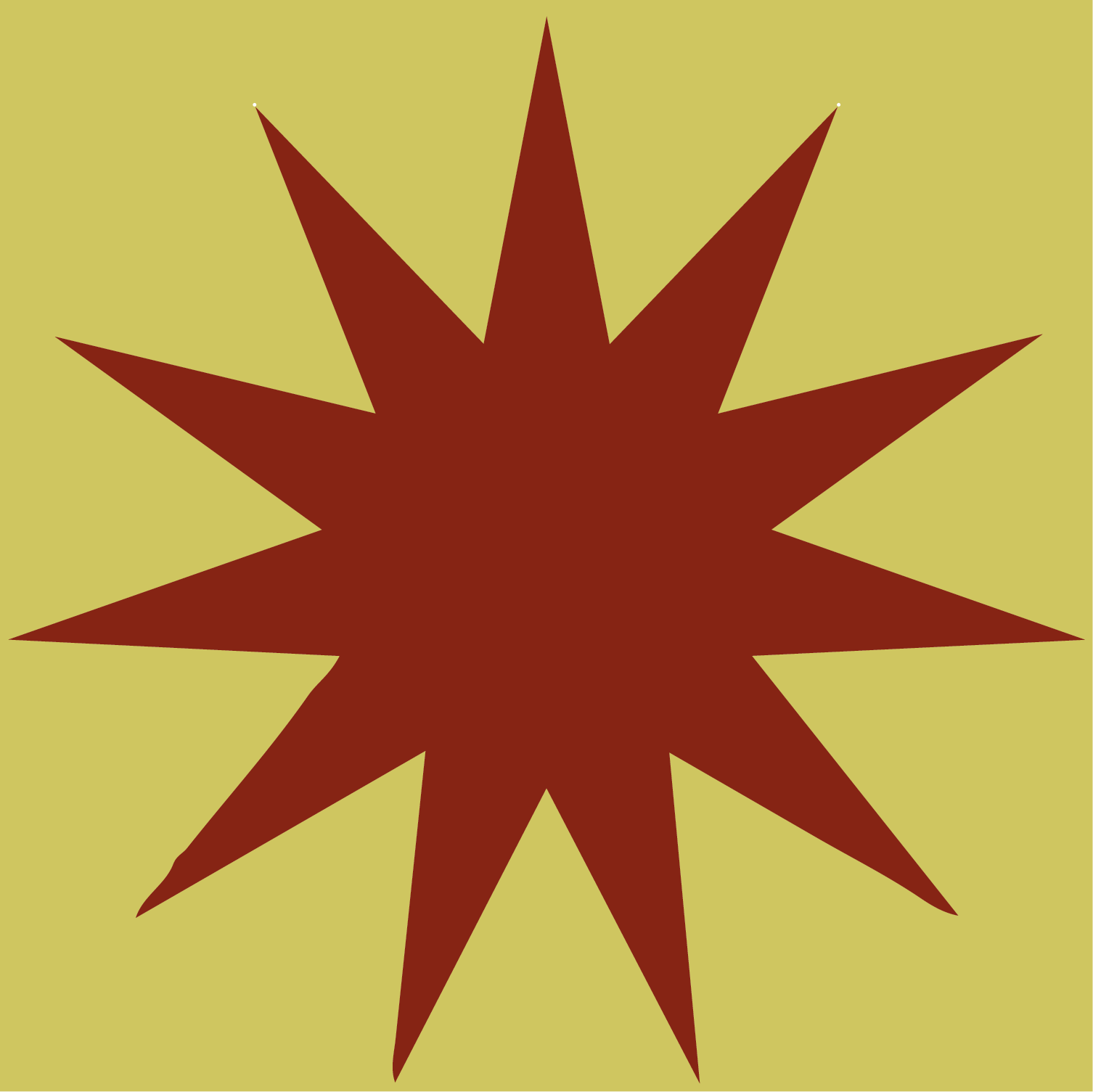 A red starburst shape on a muted yellow background.