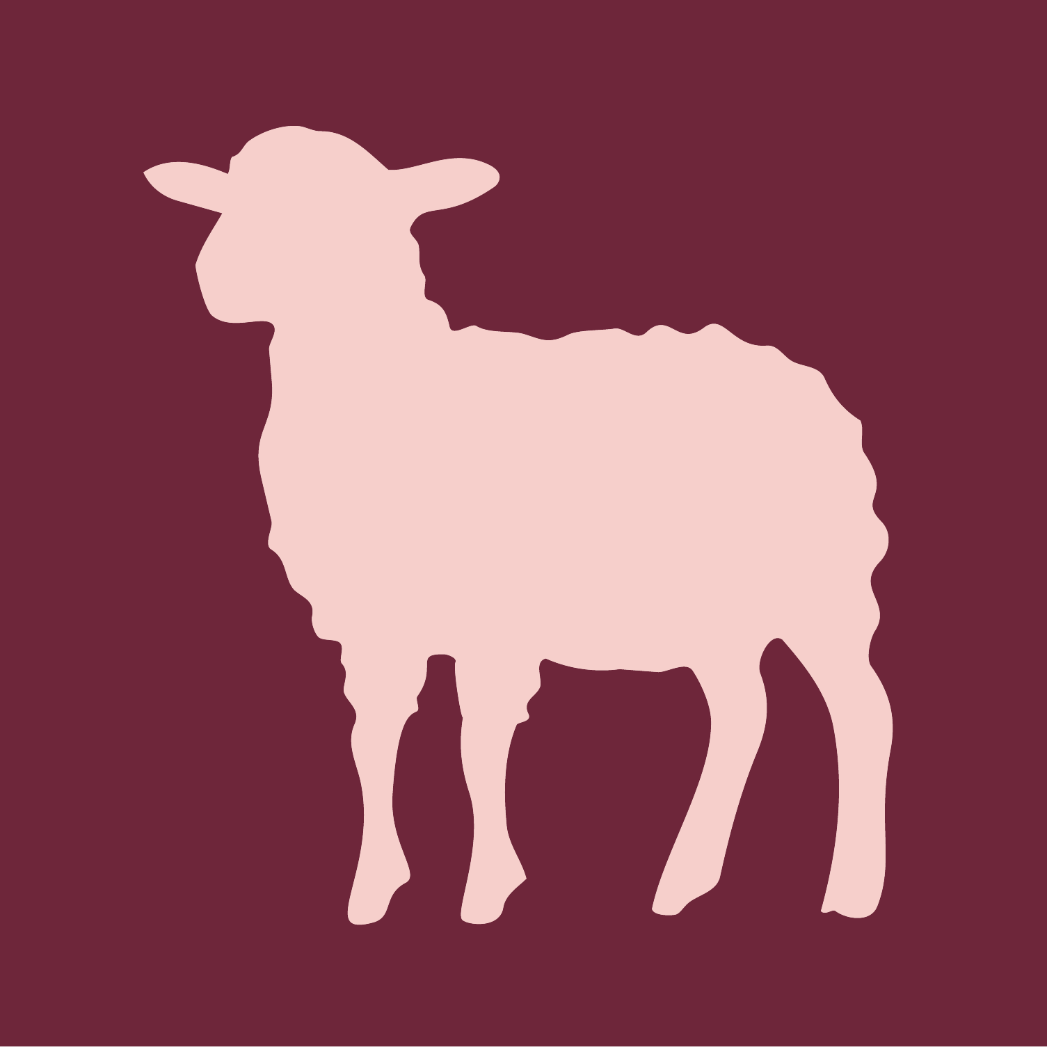 Silhouette illustration of a sheep on a dark maroon background.