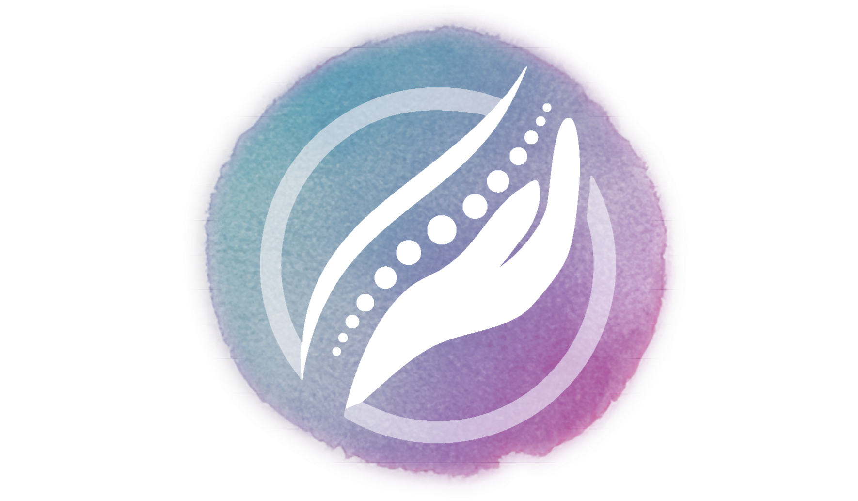 Ein runder Wasserfarb-Hintergrund in Pastellfarben (blau, lila, rosa) mit einem weißen Symbol einer Hand, die eine Pflanze hält, und einer Linie, die eine Blattform darstellt, umgeben von kleinen Kreisen, die möglicherweise Samen oder Blüten symbolisieren.