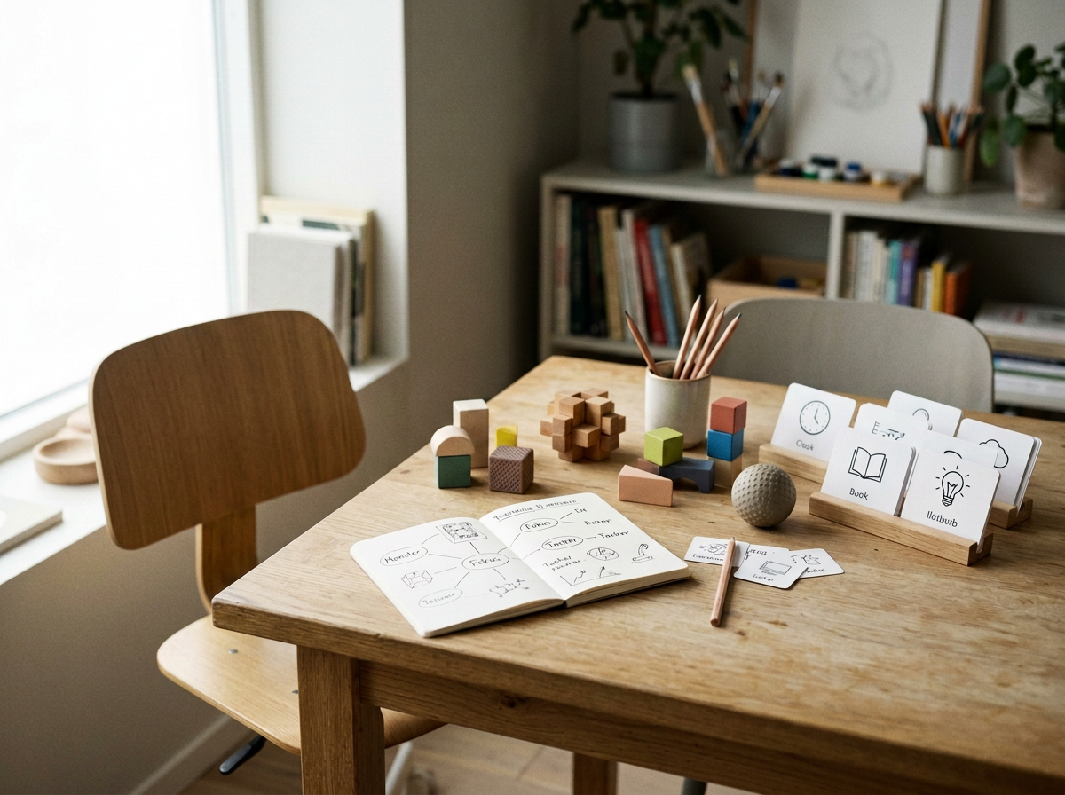 En lys trebord med skrivebøker, lekestener, fargeblyanter i en kopp, kort med bilder og ord, og en modell av en planet i et hjemmekontor eller arbeidsområde.