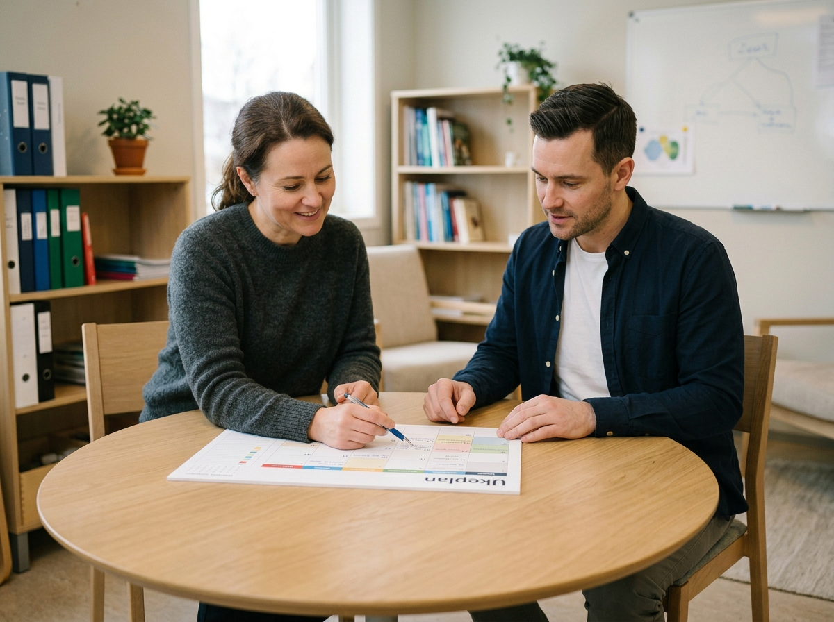 To personer sitter ved et rundt bord og diskuterer en ukeplan som en del av den nevropsykologiske behandlingen.