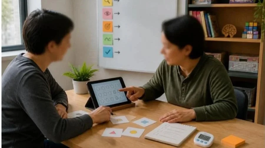 To personer som deltar i en veiledning eller vurderingssituasjon med kortspill, en digital enhet og skriveutstyr på et bord i et klasserom eller kontor.