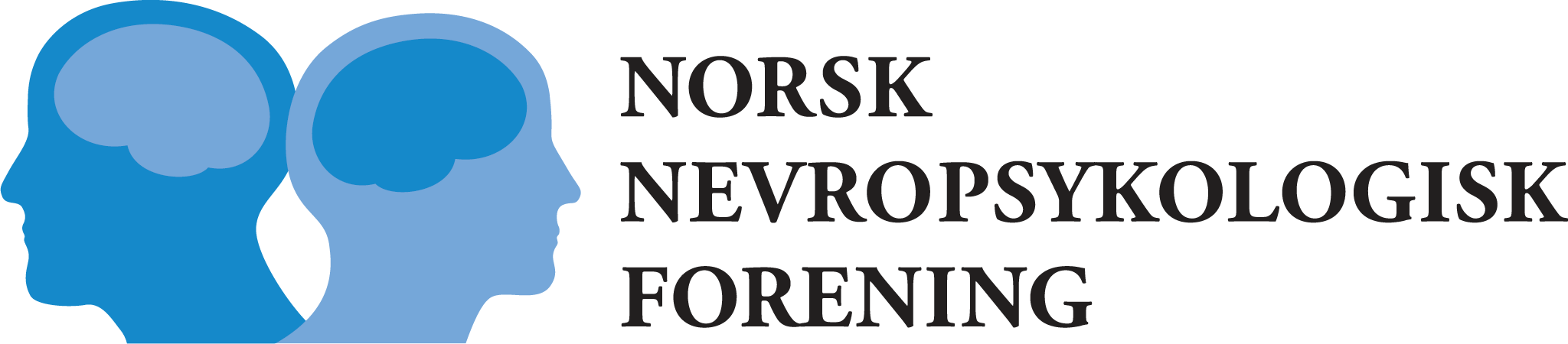 Lyseblå og mørkeblå hodeskaller illustrasjon med norsk nevropsykologisk forening tekst til høyre.