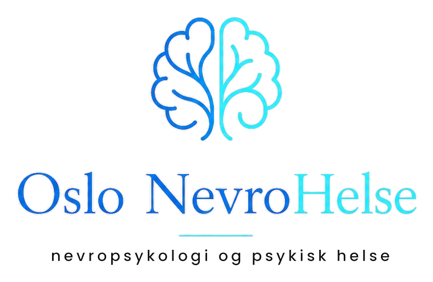Logo med et blått hjerne-symbolet over teksten "Oslo NeuroHelse" og under teksten "nevropsykologi og psykisk helse". Beskriver helse- eller nevropsykologitjeneste i Oslo.