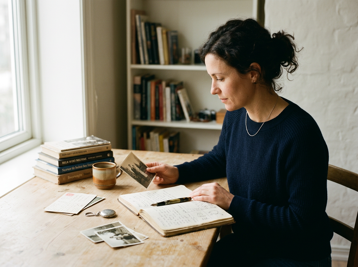 Kvinne sitter ved et trebord med bøker, fotografier, en kopp, og en åpen journal, leser et svart-hvitt fotografi i et rom med bokhylle og stort vindu.