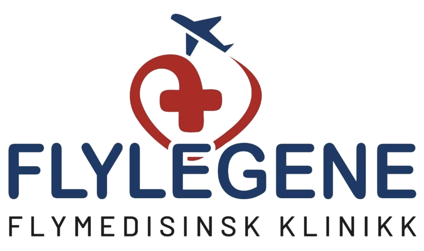 Logo for Flylegene Flymedisinsk Klinikk, med et fly og et førstehjelpskors som former et hjerte i midten, og tekst i blått og svart.