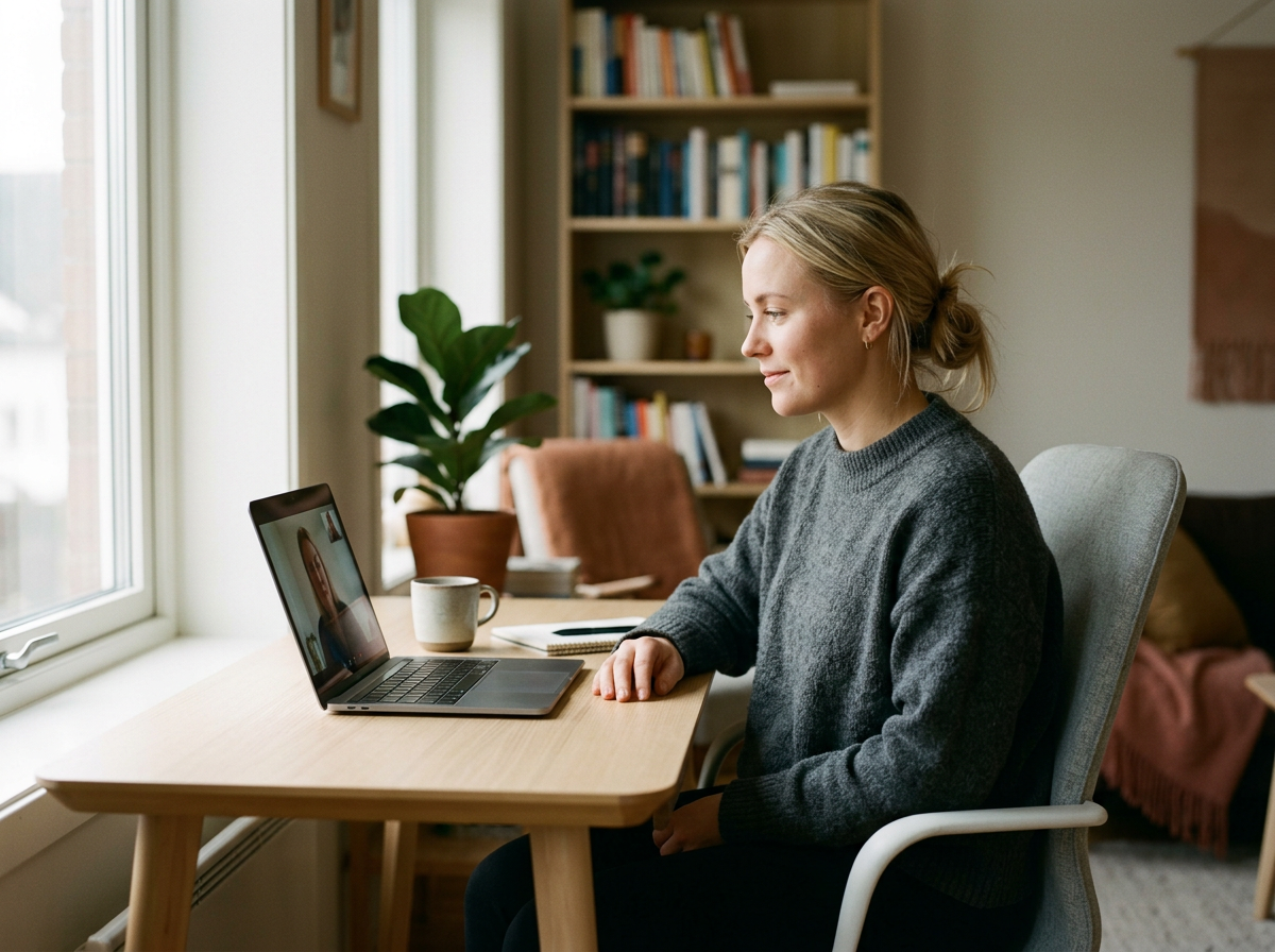 Kvinne ser på en video på en bærbar datamaskin i et hjem, med en kopp og notatblokk på bordet
