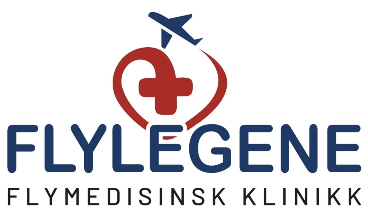 Logo for Flylegene Flymedisinsk Kllinik med en fly, en hjerteformet symbol med en helsesyke, og teksten 'Flylegene' og 'Flymedisinsk Kllinik'.