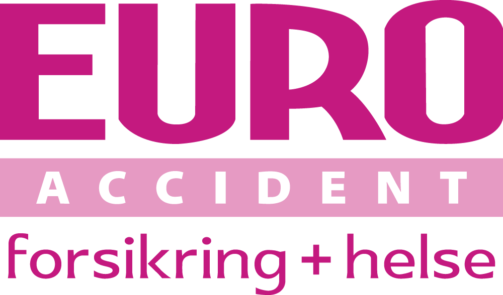 Logo for Euro Accident Forsikring + Helse, med store, fargede bokstaver og en rosa bakgrunn