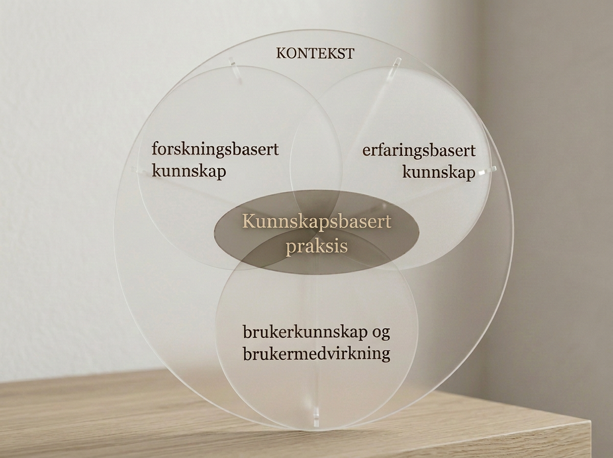 Vitenskapelig diagram med fire sirkler som overlapper, med teksten 'Kunnskapsbasert praksis' i midten. Sirkler merket 'forskningsbasert kunnskap', 'erfaringsbasert kunnskap', og 'brukerkunnskap og brukermedvirkning'.