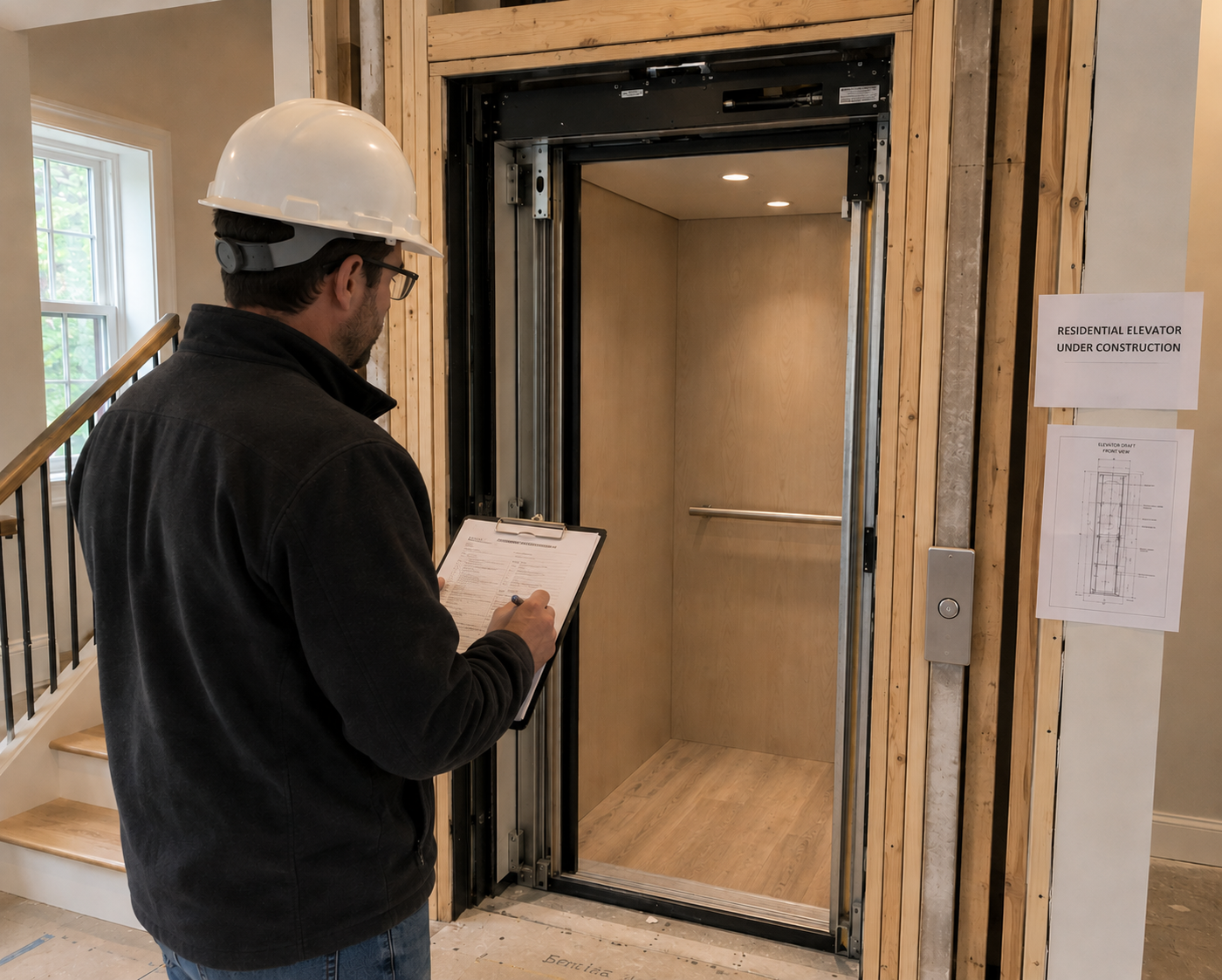 A man wearing a white construction helmet and glasses is holding a clipboard and looking at an unfinished residential elevator with wood paneling and signs indicating it is under construction.