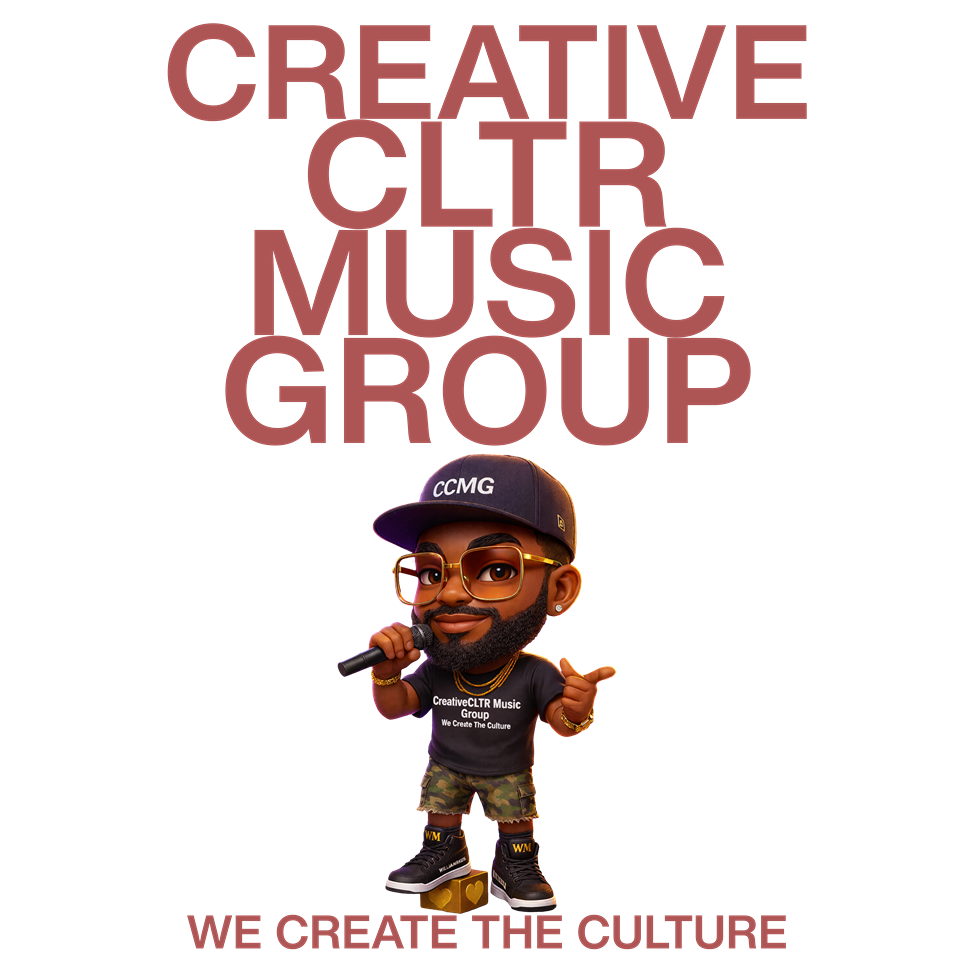 Cartoon character with a beard, sunglasses, a black cap with 'CCMG' written on it, a black t-shirt with 'CreativeCITR Music Group' written on it, camo shorts, and black sneakers with gold accents, holding a microphone.