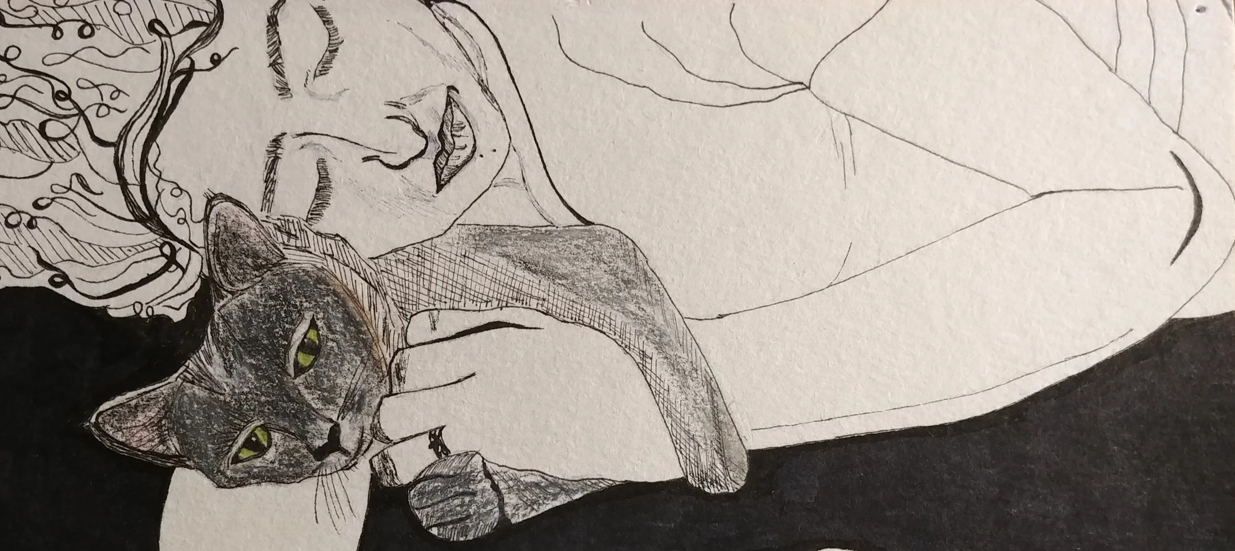 A black and white sketch of a person with long, curly hair lying down and holding a gray cat. The person has closed eyes and prominent lips, and the cat has green eyes and is resting its head on the person's chest.