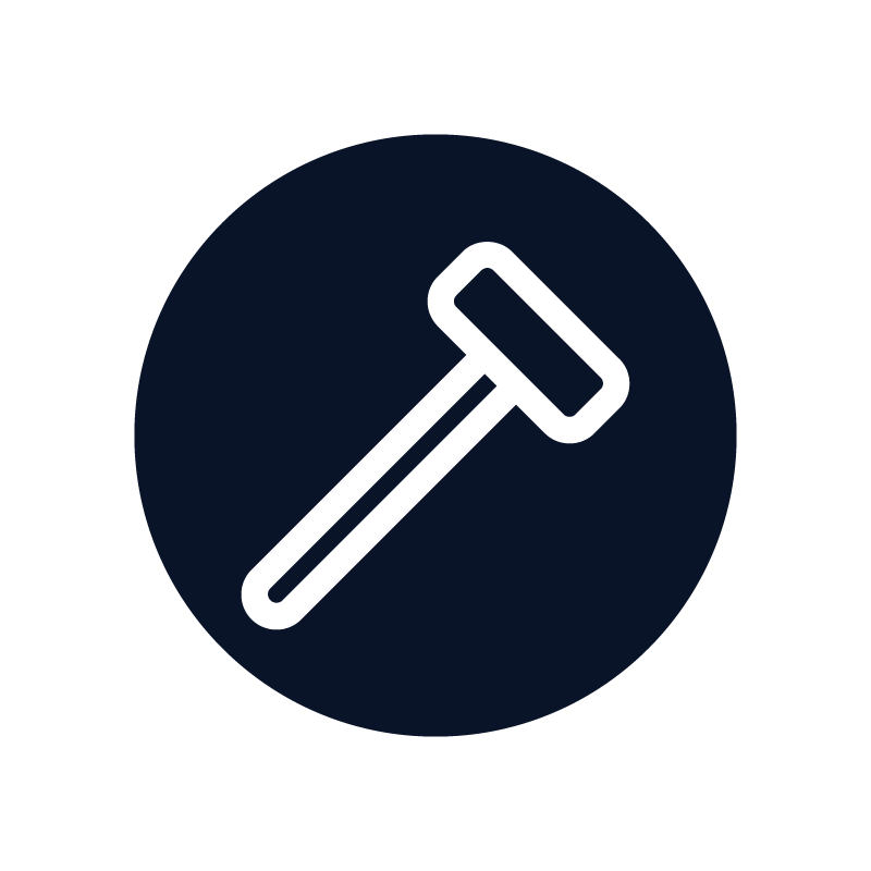 Icon of a hammer with a dark blue circular background.