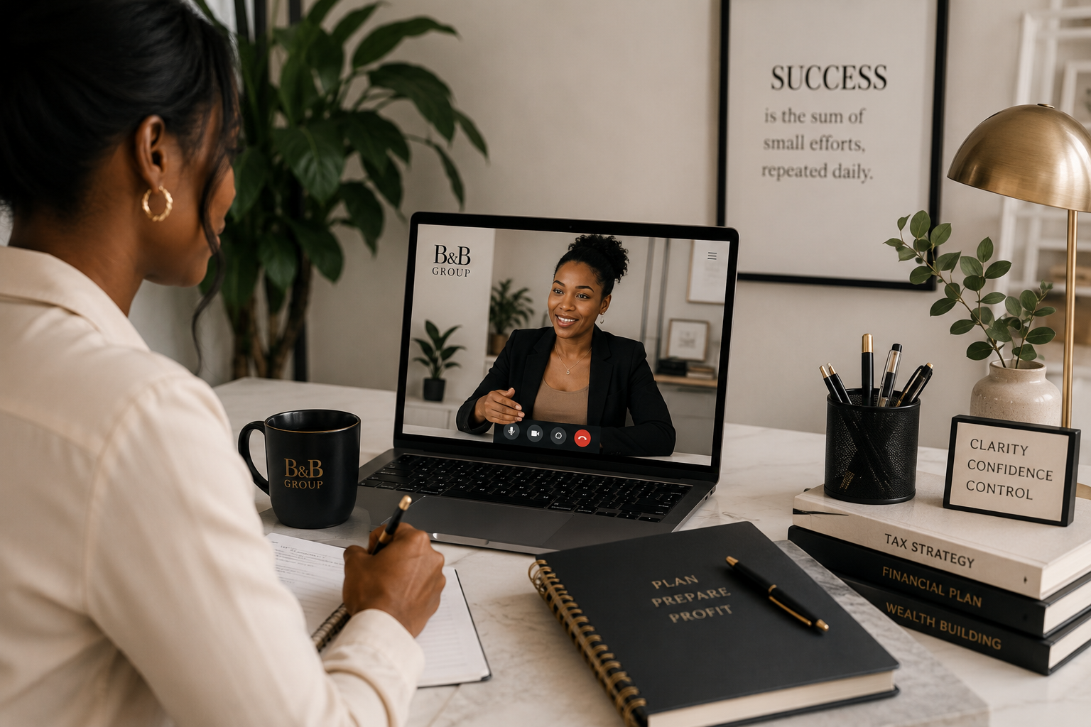 A woman participating in a virtual business meeting at her desk. The desk has a planner labeled "Plan Prepare Profit," a stack of books including "Tax Strategy," "Financial Plan," and "Wealth Building," a mug with "B&B Group," a black pen holder with pens, a plant in a white pot, and a gold desk lamp. The woman on the screen appears professional, smiling and wearing a black blazer, in a well-lit office with framed motivational quotes on the wall.