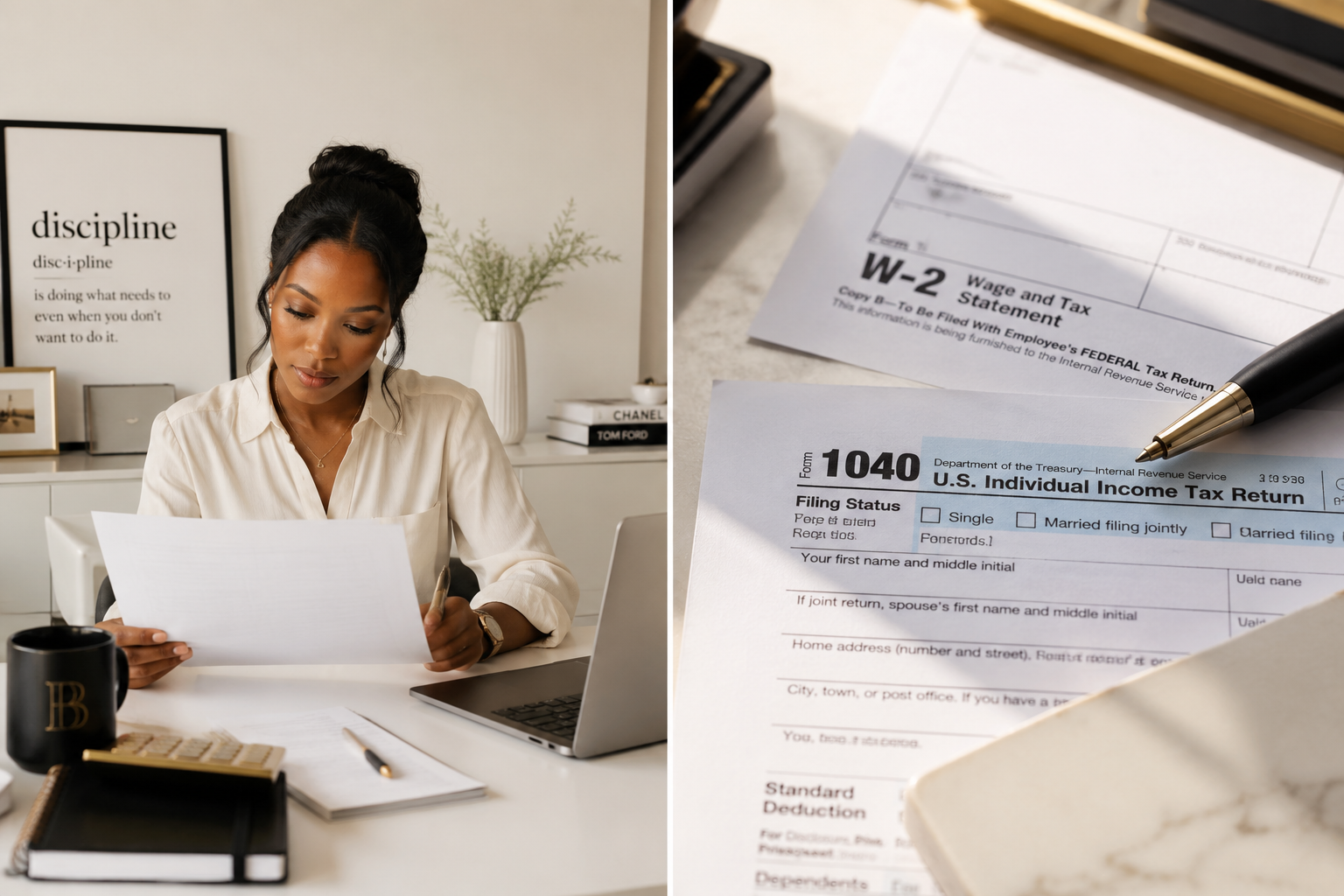 A woman sitting at a desk reviewing documents, with a laptop, pen, notebook, and a mug on the desk. There are framed art and books on the wall behind her. The desk has tax forms, including a 1040 income tax form and a W-2 wage and tax statement.