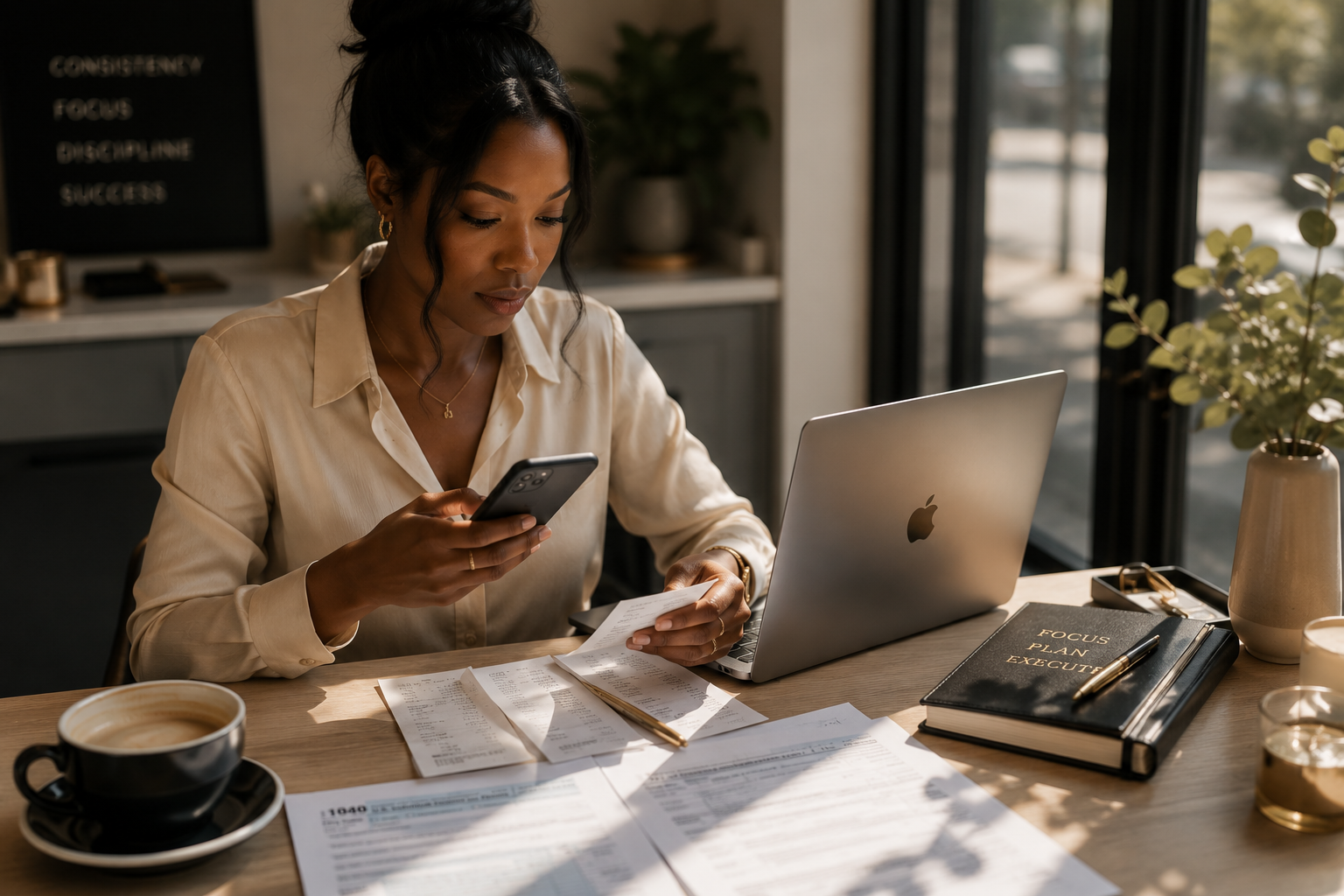 Woman working at a desk with a laptop, smartphone, receipts, a notebook, pen, coffee, and potted plant in a well-lit room.