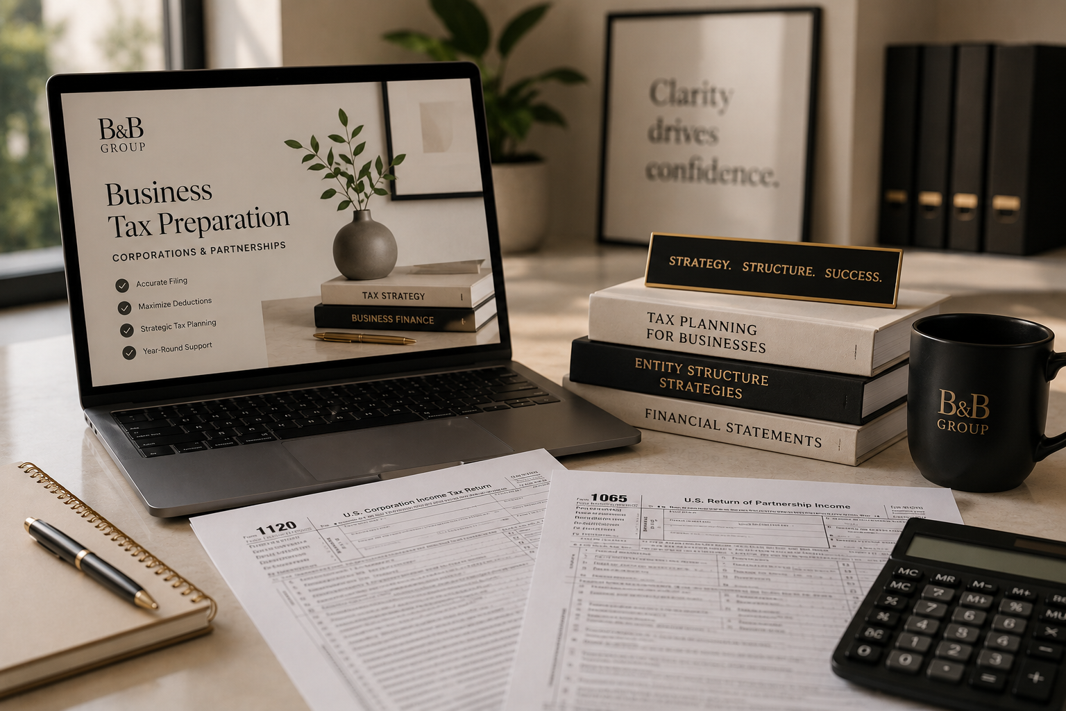 Desk with a laptop displaying business tax preparation information, stacks of books on tax planning and financial strategies, printed tax forms, a calculator, a notebook, a pen, a black cup with the B&B Group logo, and framed motivational quotes in the background.