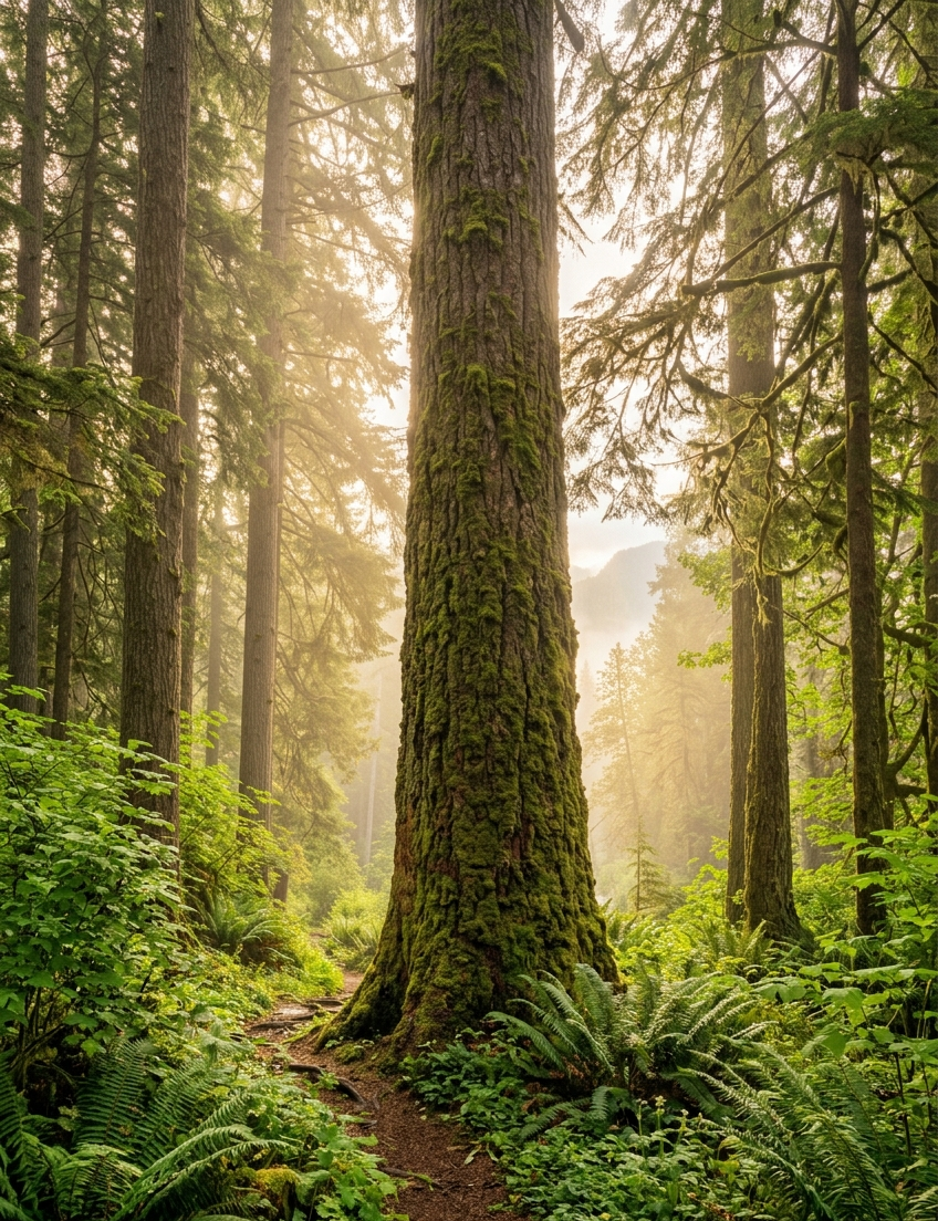 A moss-covered tree trunk in a lush green forest with sunlight filtering through the canopy.
