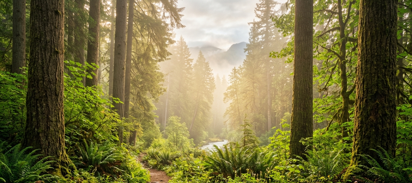 A lush green forest with tall trees, ferns, and a misty atmosphere, with a river running through the background.