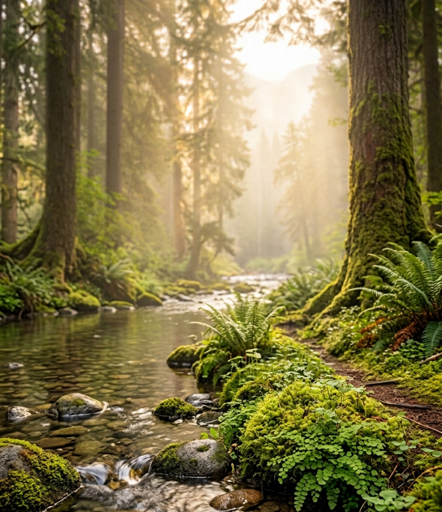 A peaceful forest scene with a stream flowing through mossy rocks and lush green plants, tall trees, and sunlight filtering through the canopy.