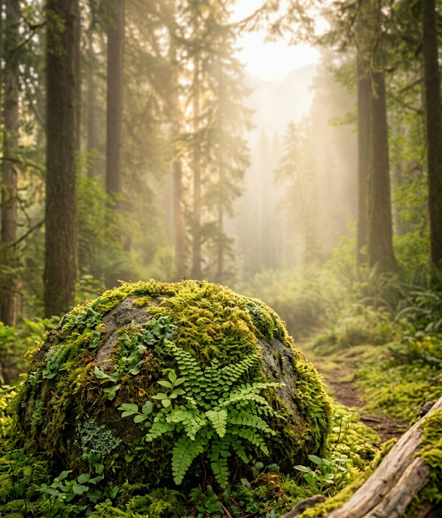 A moss-covered rock in a lush green forest with sunlight filtering through the trees.