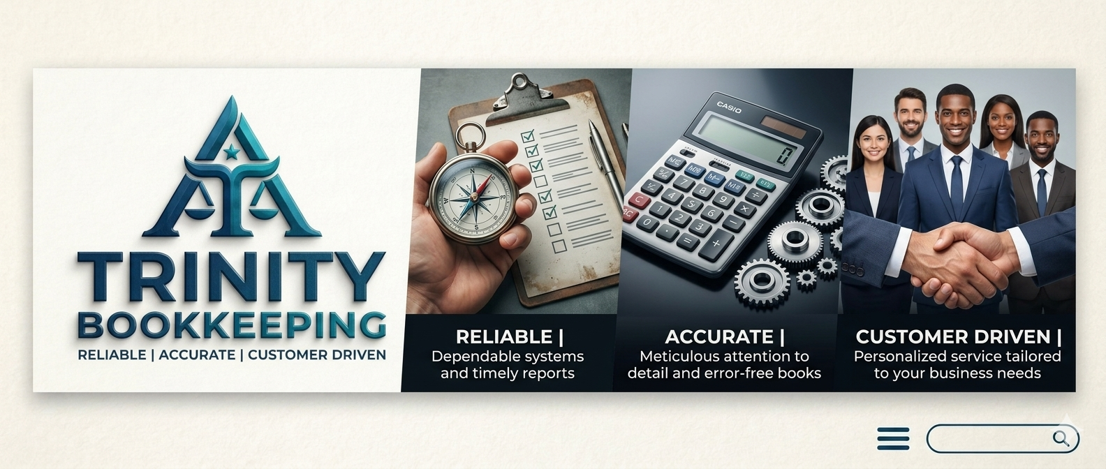 Banner for Trinity Bookkeeping featuring logo, images of a clipboard with checkmarks and a compass, a calculator and gears, and a group of professional people shaking hands, with text highlighting reliability, accuracy, and customer focus.