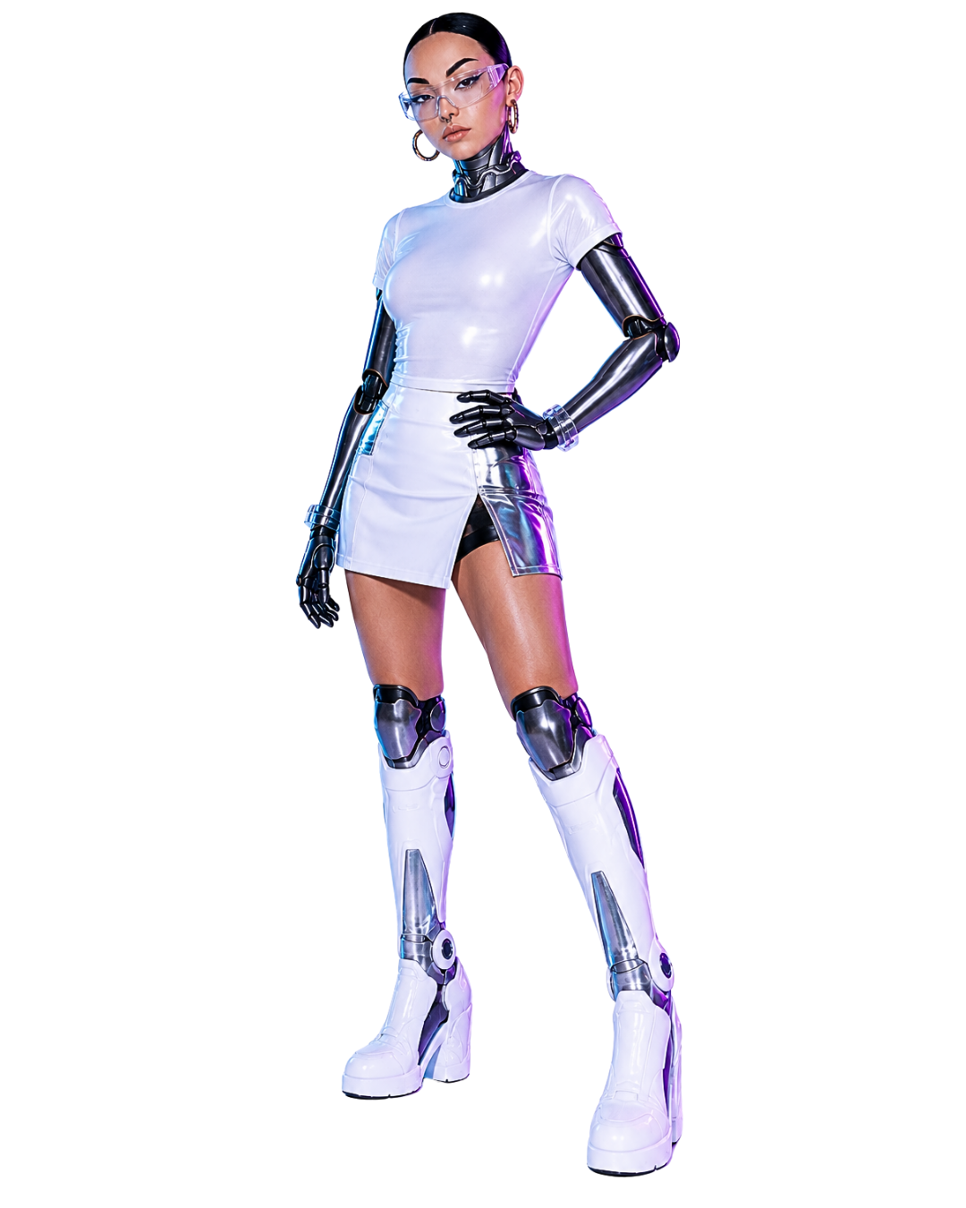 Frau mit futuristischer Mode, Kunststoff Kleid, holografischen Arm- und Beinformen, großen Brille und Neonlicht-Hintergrund.