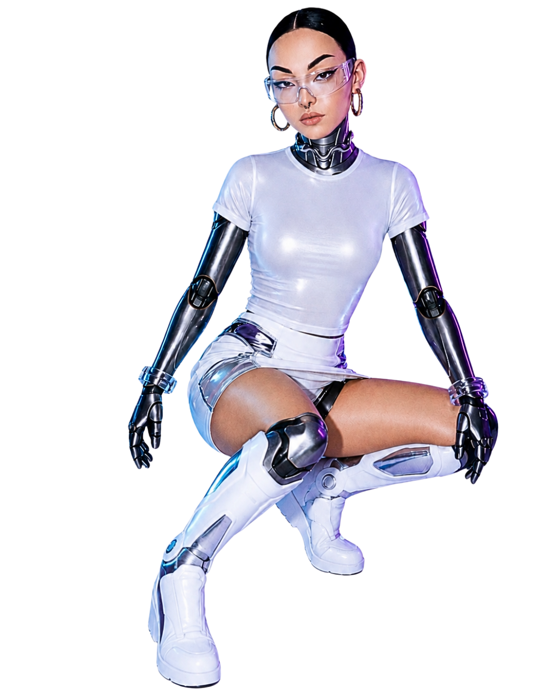 Junge Frau in futuristischer Robotik-Kleidung, sitzend, mit High-Tech-Ästhetik, Neonlichtern und digitalen Elementen.