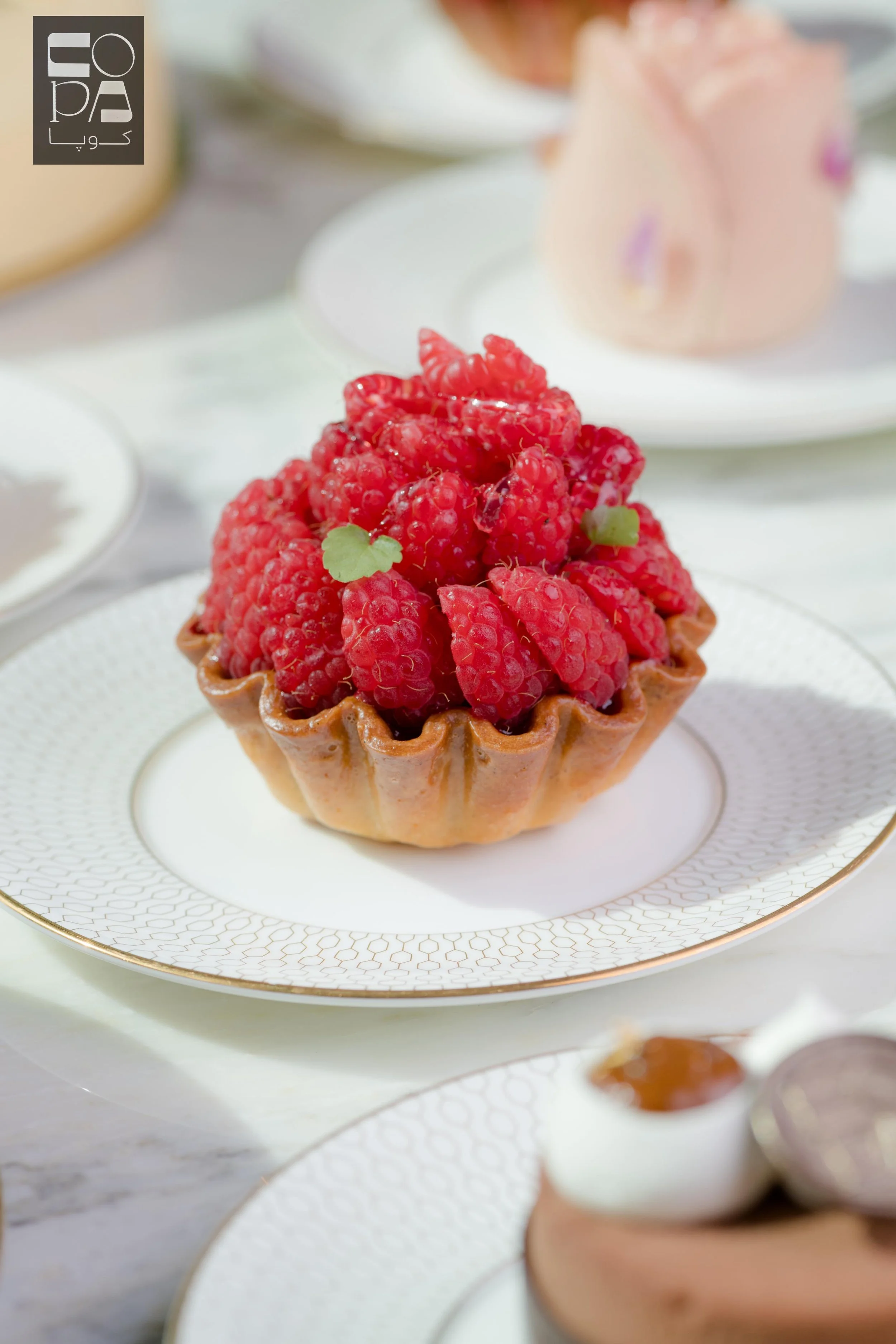 Close-up of a raspberry tart on a decorative plate, with a layered cake and other desserts blurred in the background.
