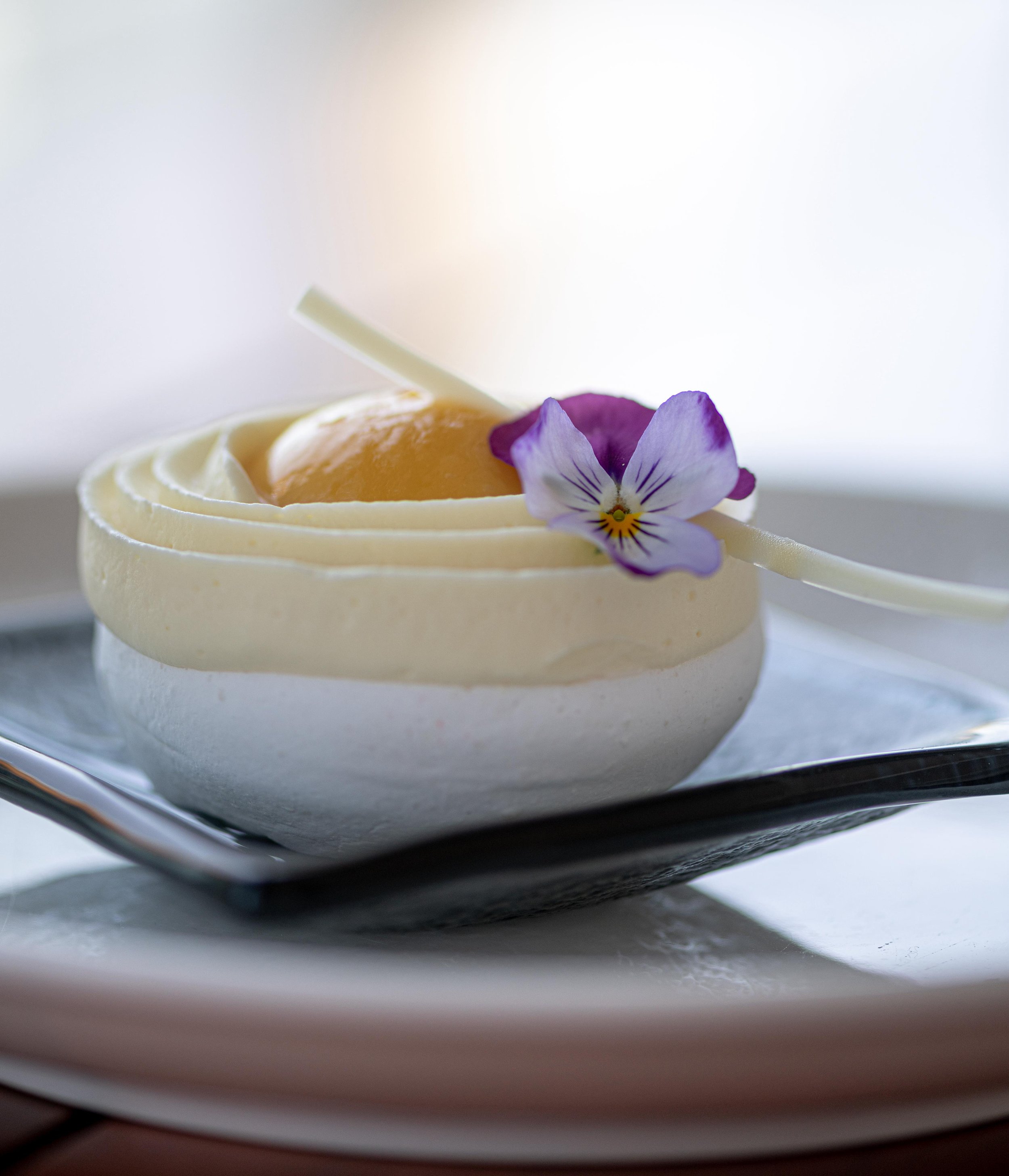 A dessert with a scoop of ice cream, a purple edible flower, and a decorative white chocolate piece on a white plate.