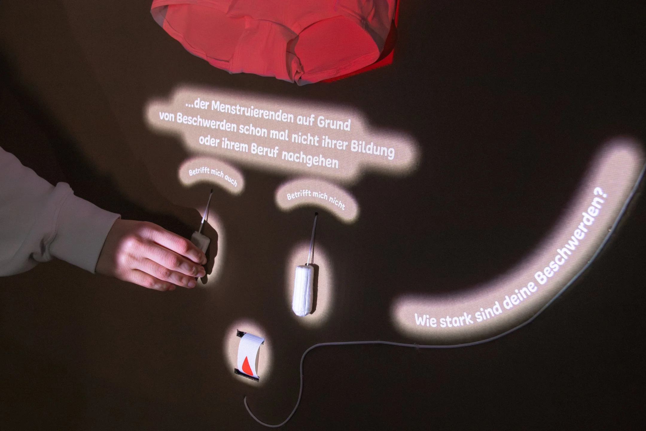 Installation vom Projekt "In der Regel" mit Kartonwand und Schlüpfer an Wäscheleine, welcher das Abstimmungsergebnis zeigt. Darunter zwei Tampons an denen man zur Abstimmung ziehen kann.