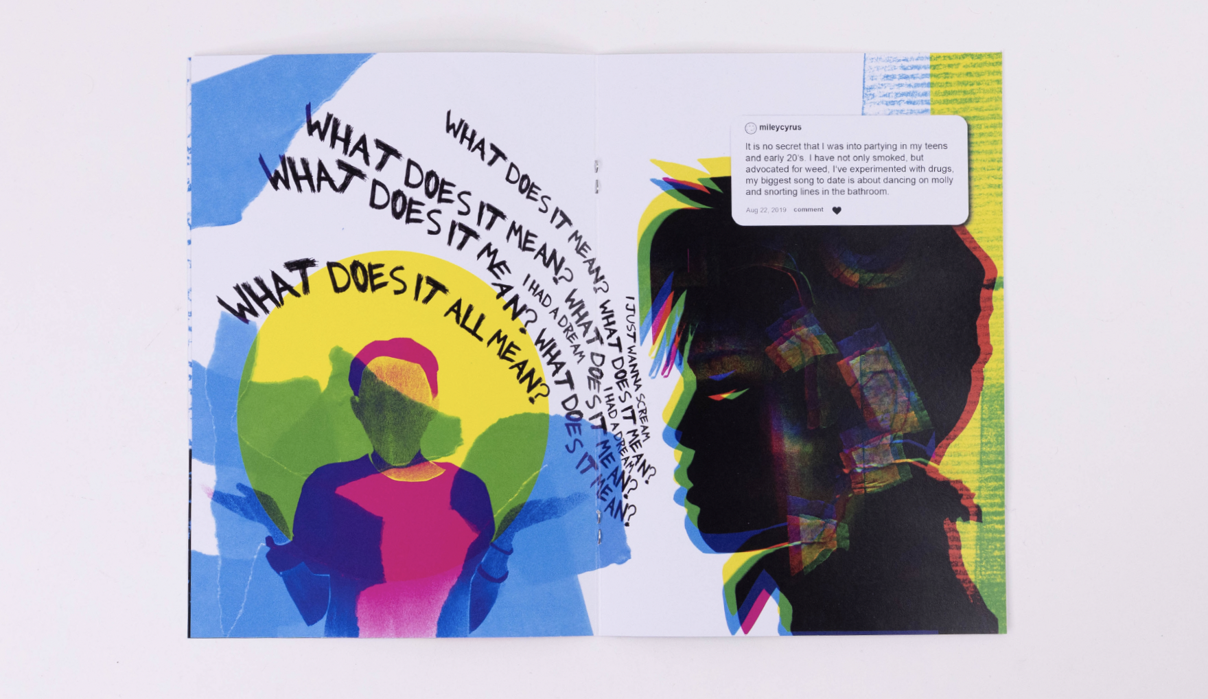 Letzte Seite vom Minizine über Miley Cyrus Foto und Ausschnitt von einem Lyrics mit Text "What does it mean?"