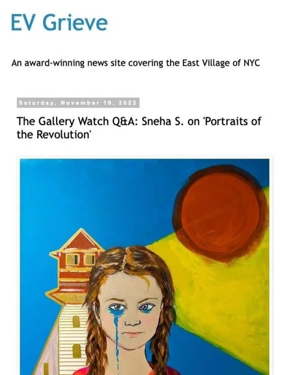 A news article featuring a colorful painting of a girl with braided hair, tears in her eyes, standing in front of a building and a large red sun in a yellow and blue background.