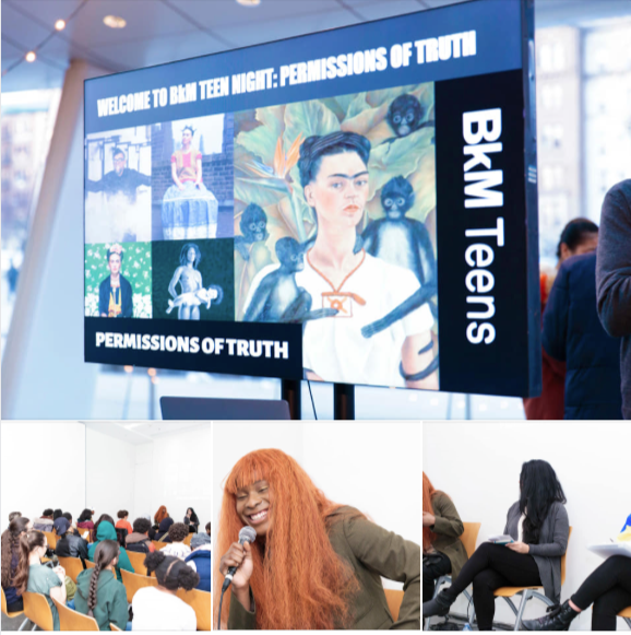 Digital screen displaying 'Welcome to BKM Teen Night: Permissions of Truth' with artwork of a young woman and two figures. Audience of teenagers, some taking notes, attending a presentation. Female speaker with long red hair holding a microphone, smi