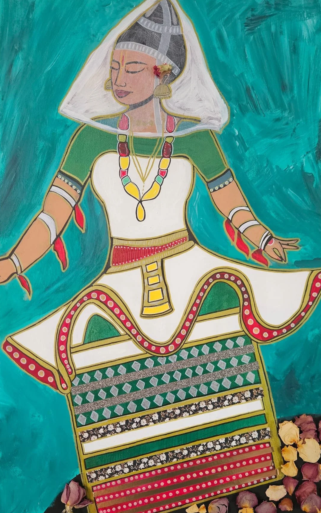 A colorful painting of a woman sitting in a meditative pose, wearing traditional attire and jewelry, with a turquoise background.