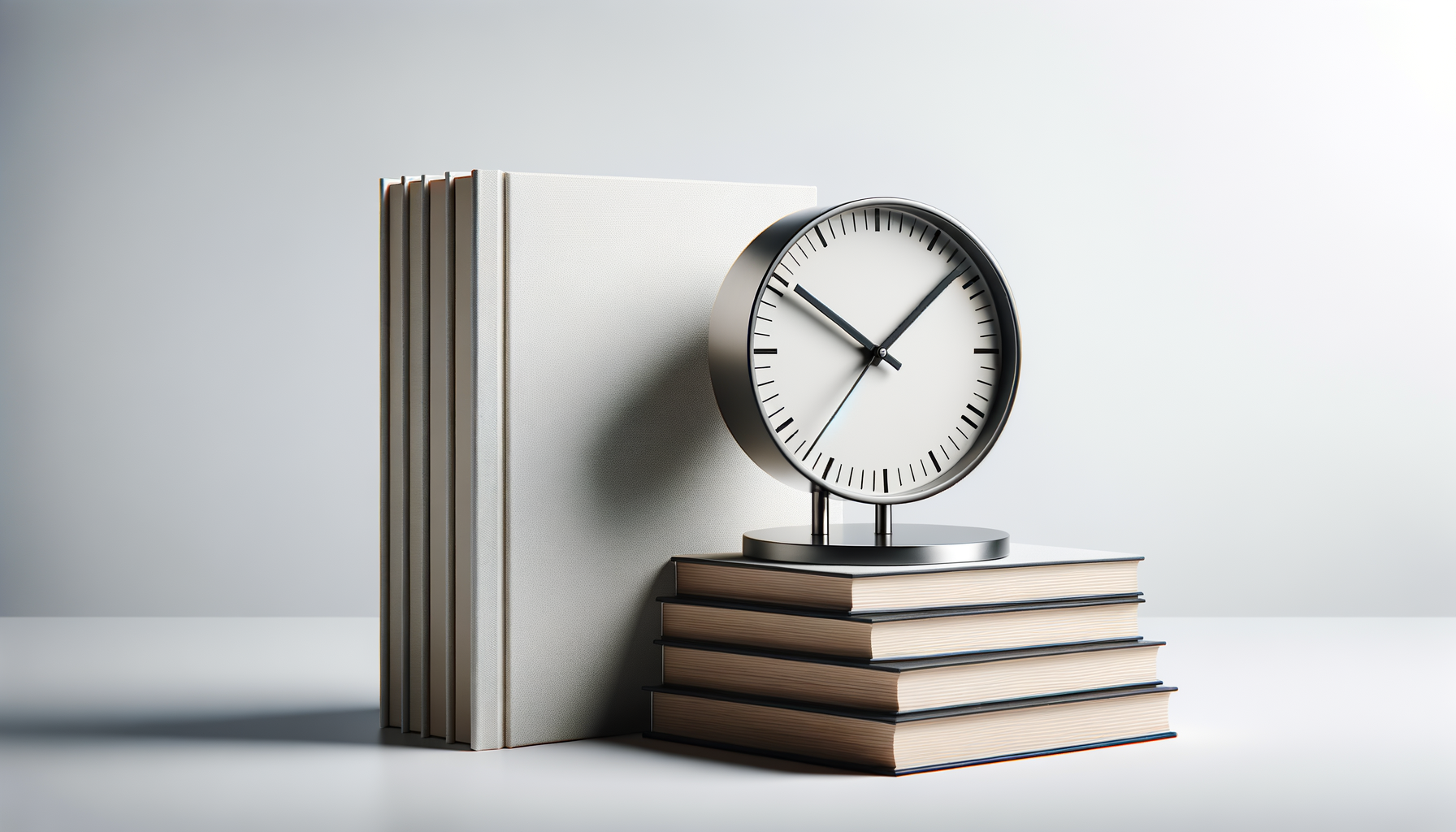 A modern silver clock with black hands and a list of books on a white surface.